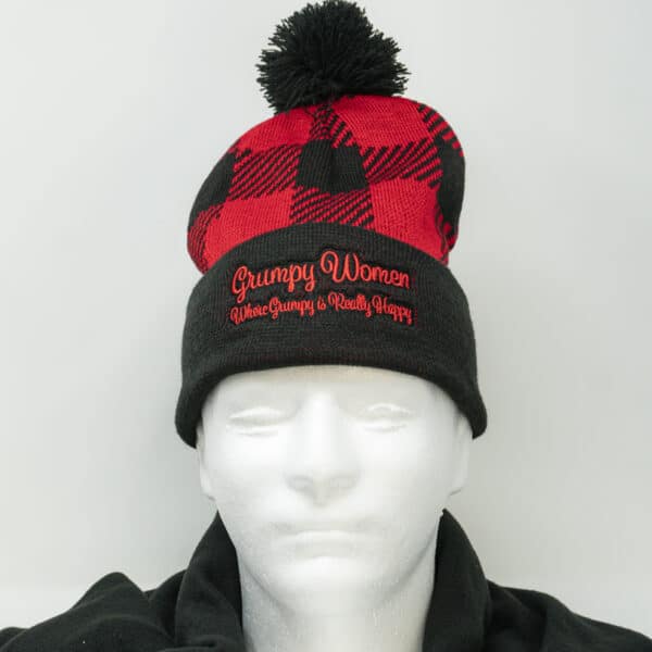 Grumpy Women Buffalo Plaid Pom Pom Beanie Red & Black