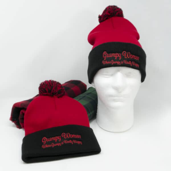 Grumpy Women Pom Pom Beanie Red with Black Cuff Scarves